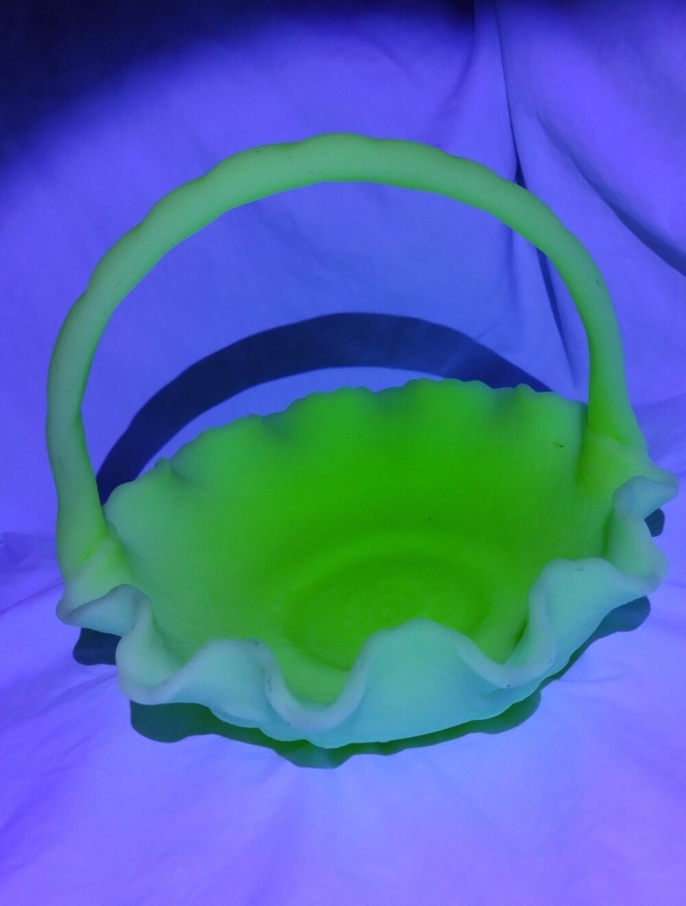 Vintage Fenton Custard Satin Uranium Glow Glass Basket Berry Embossed Decor